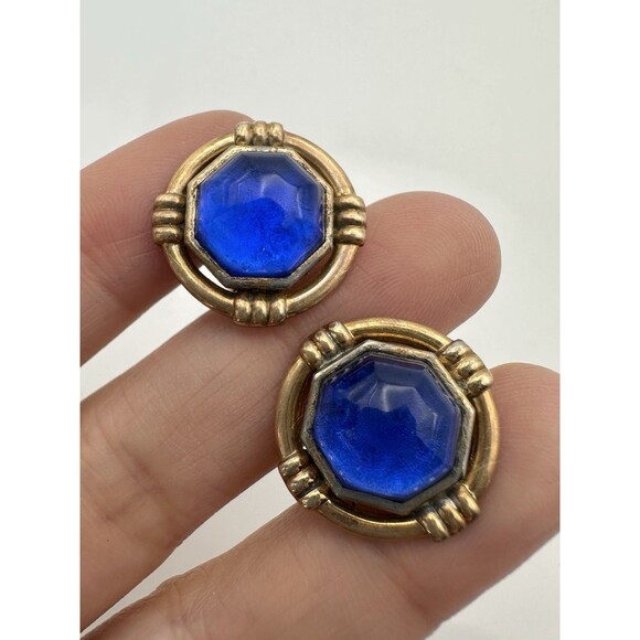Vintage Blue Glass Cabochon Gold Plated Cuff Links by Hadley - Picture 3 of 6
